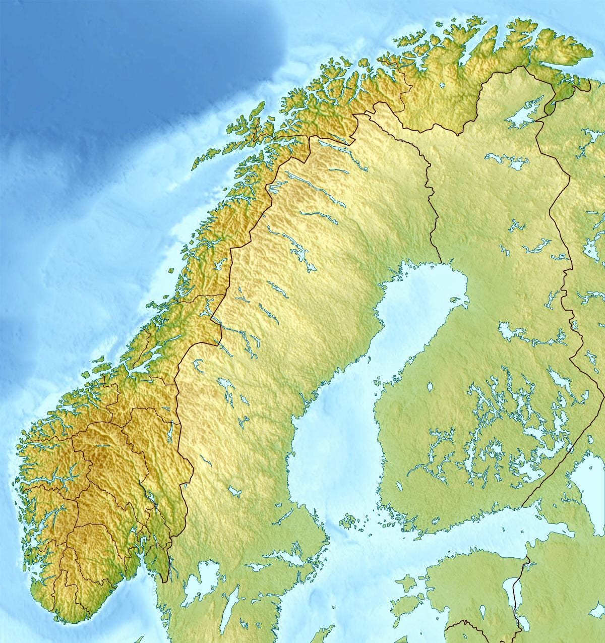 Mapa fyzické Norsko