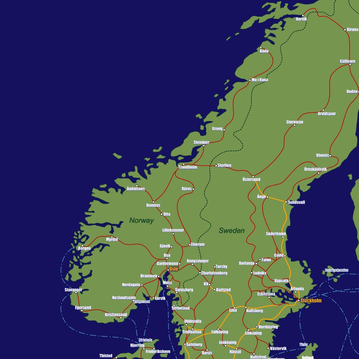 Mapa Norska vlakové cesty