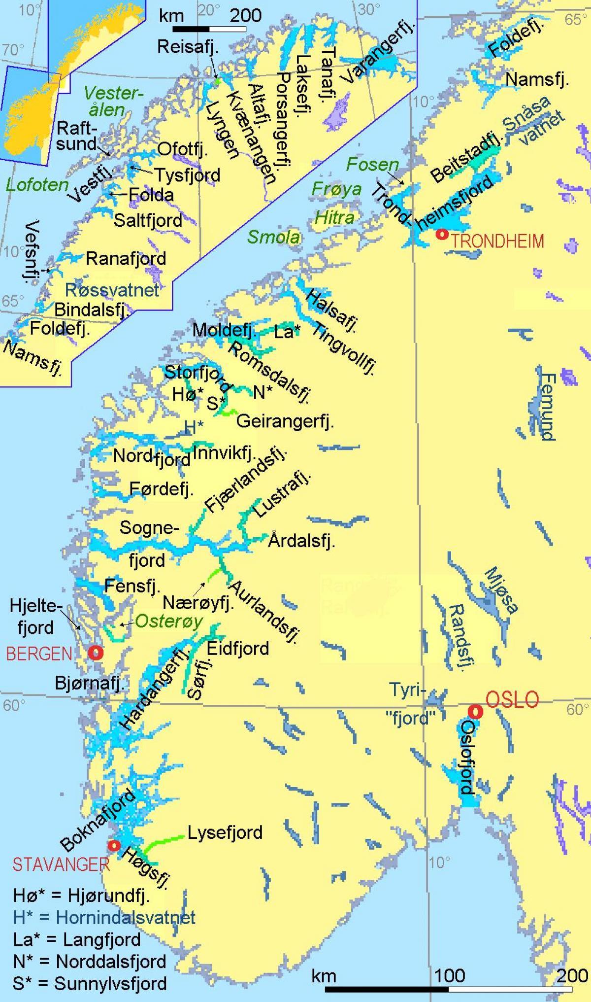 mapa Norska ukazuje fjordy