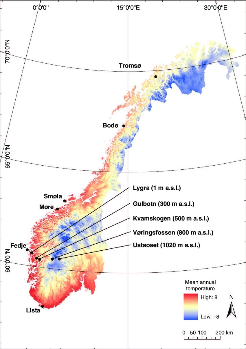 Norsko mapa teplota