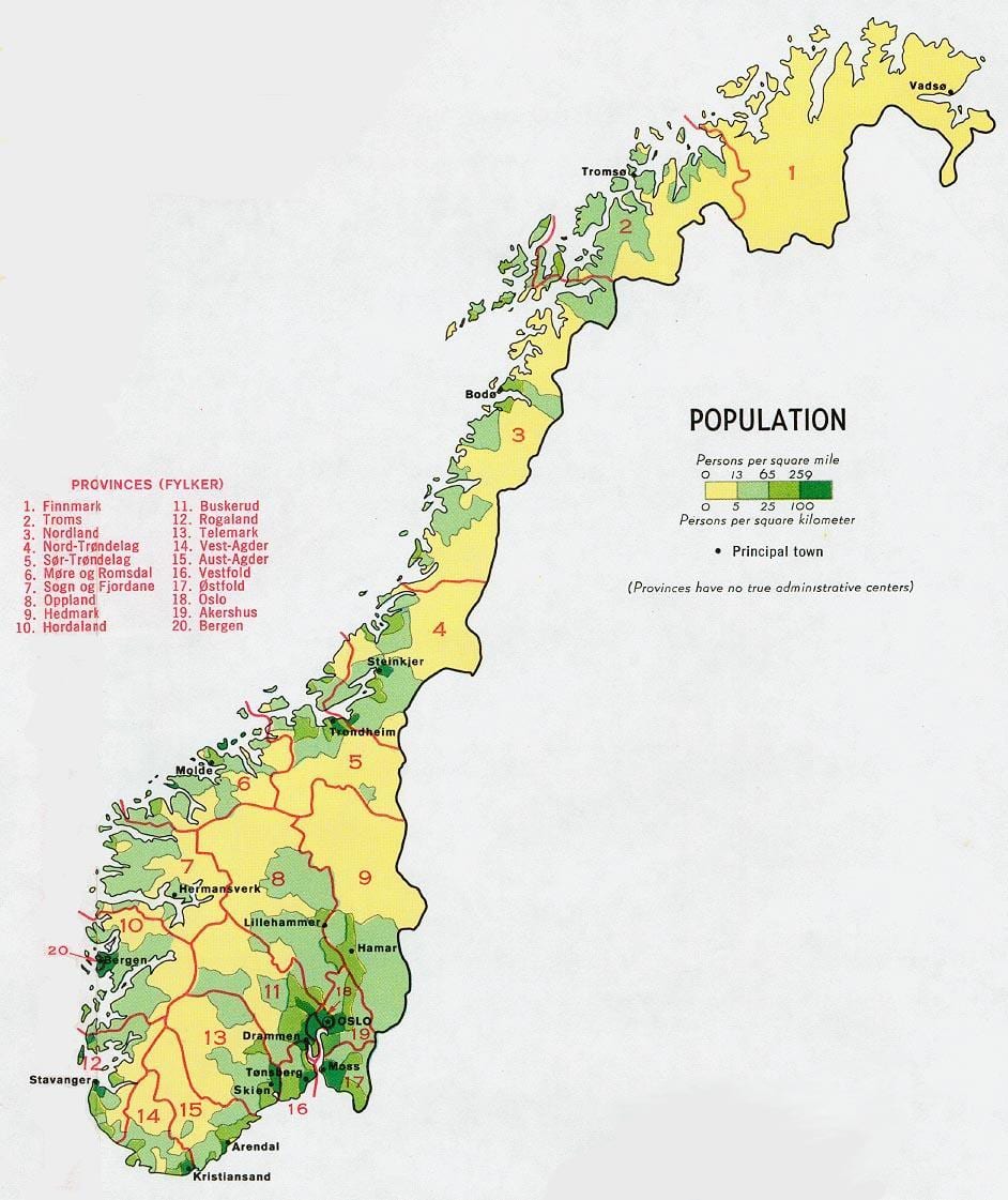 Norsko populace mapě