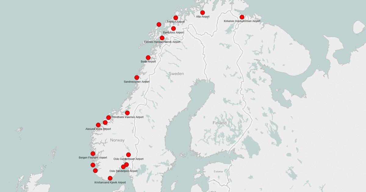 Mapa Norska letišť