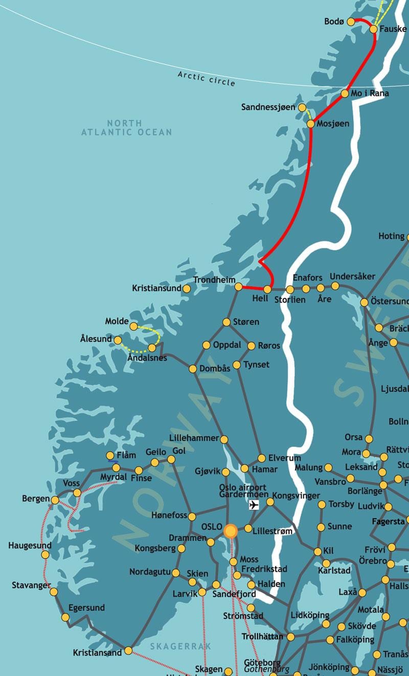 Mapa Norska, severní železnice
