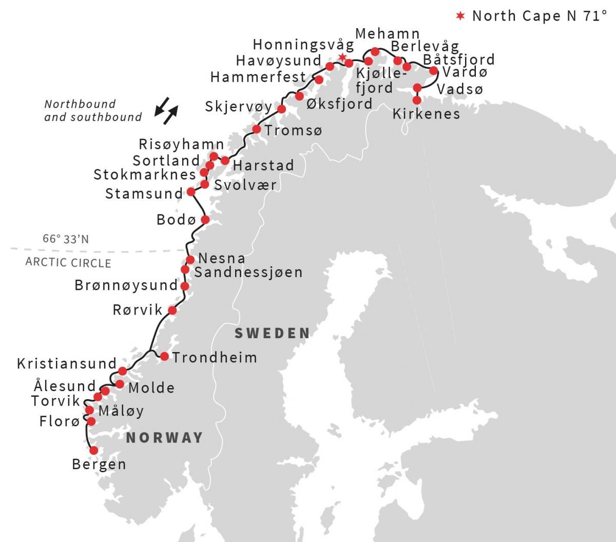 Mapa Norska trajektem
