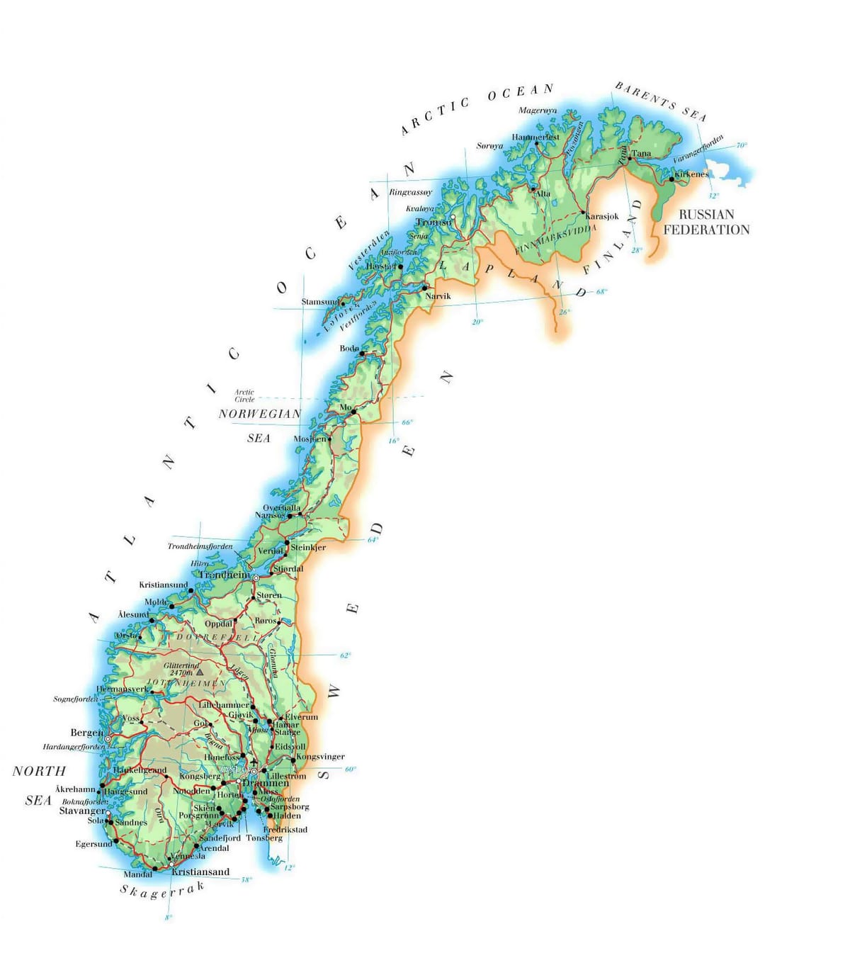 Mapa Norska nadmořská výška