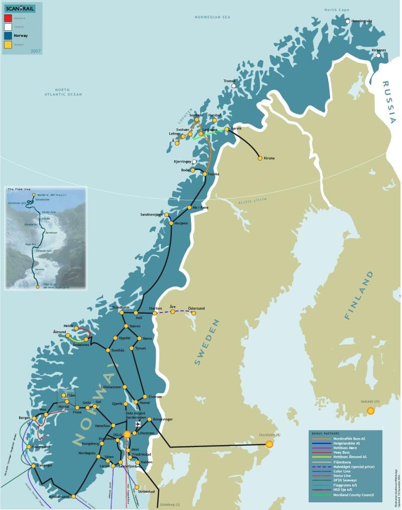 Norska, železniční mapa